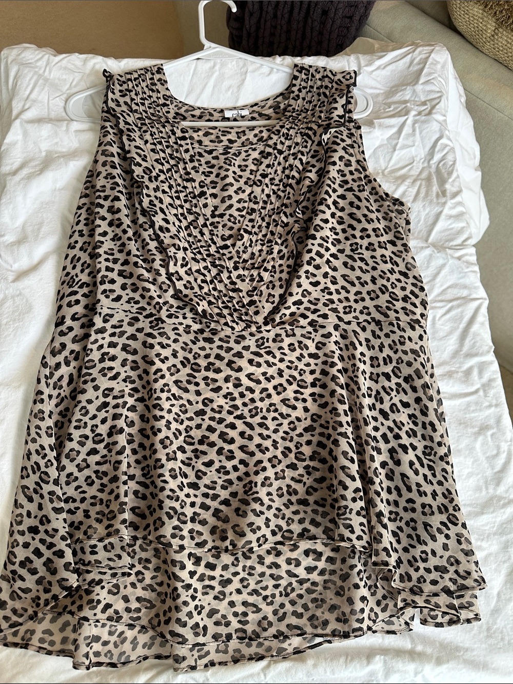 CAbi Taupe and Black Leopard Print Sleeveless two piece flutter top